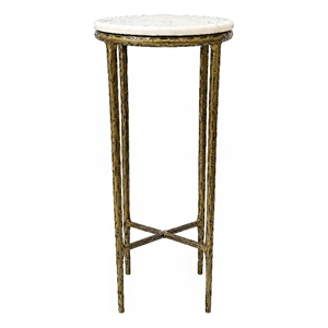 Benzara Accent Side End Table with White Marble Round Top in Brass Finish