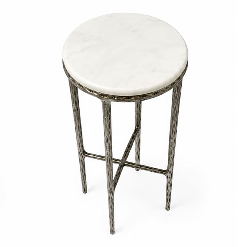 Benzara Accent Side End Table with White Marble Round Top in Nickel Finish