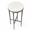 Benzara Accent Side End Table with White Marble Round Top in Nickel Finish