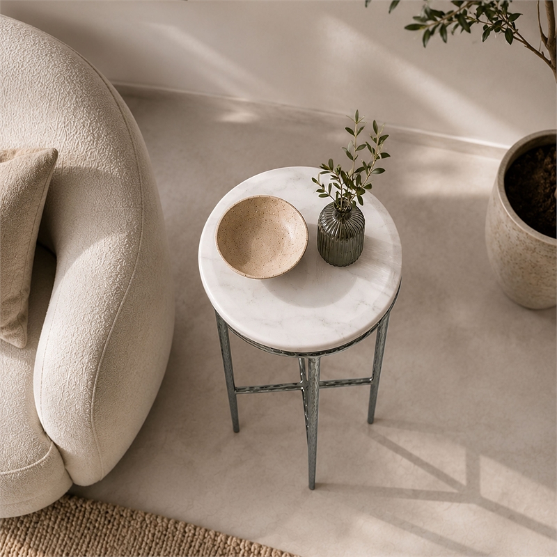 Benzara Accent Side End Table with White Marble Round Top in Nickel Finish