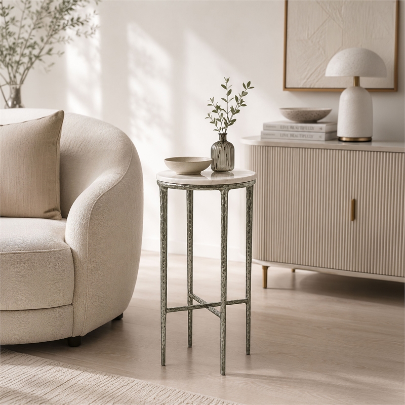 Benzara Accent Side End Table with White Marble Round Top in Nickel Finish