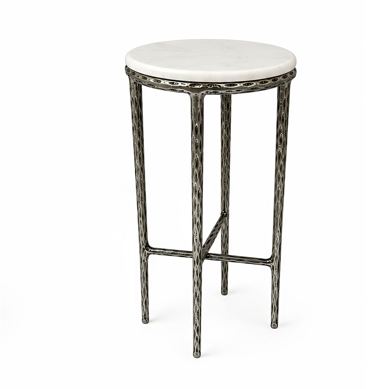Benzara Accent Side End Table with White Marble Round Top in Nickel Finish