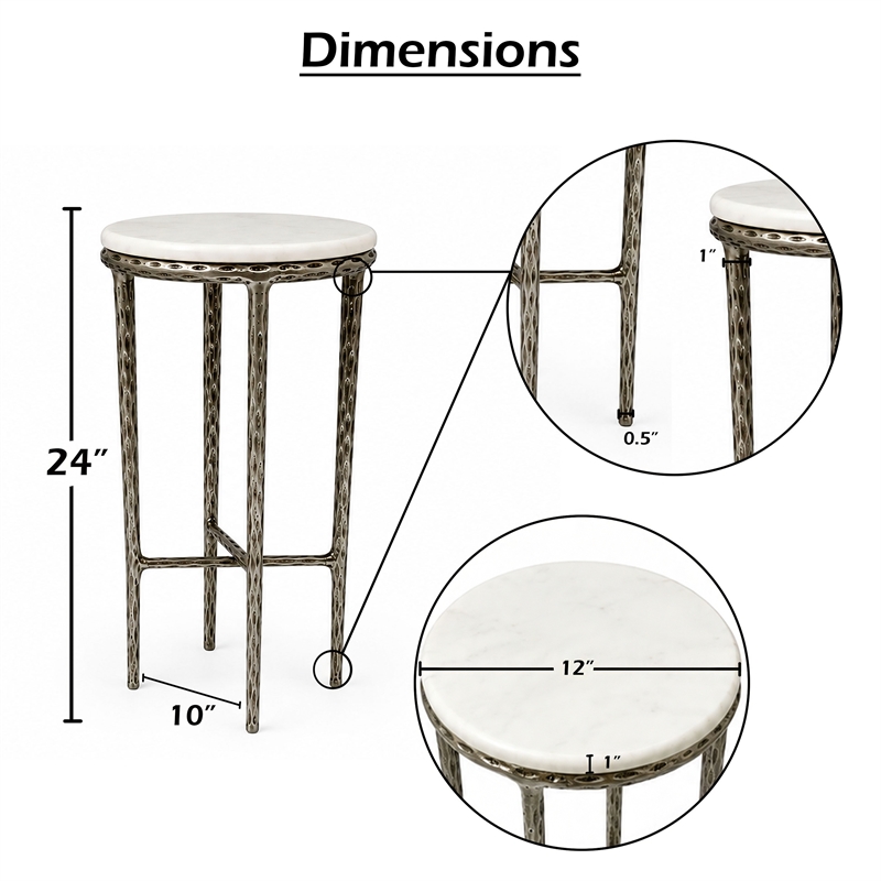 Benzara Accent Side End Table with White Marble Round Top in Nickel Finish
