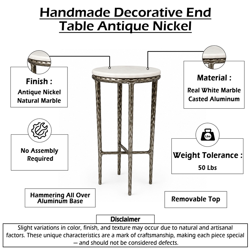 Benzara Accent Side End Table with White Marble Round Top in Nickel Finish