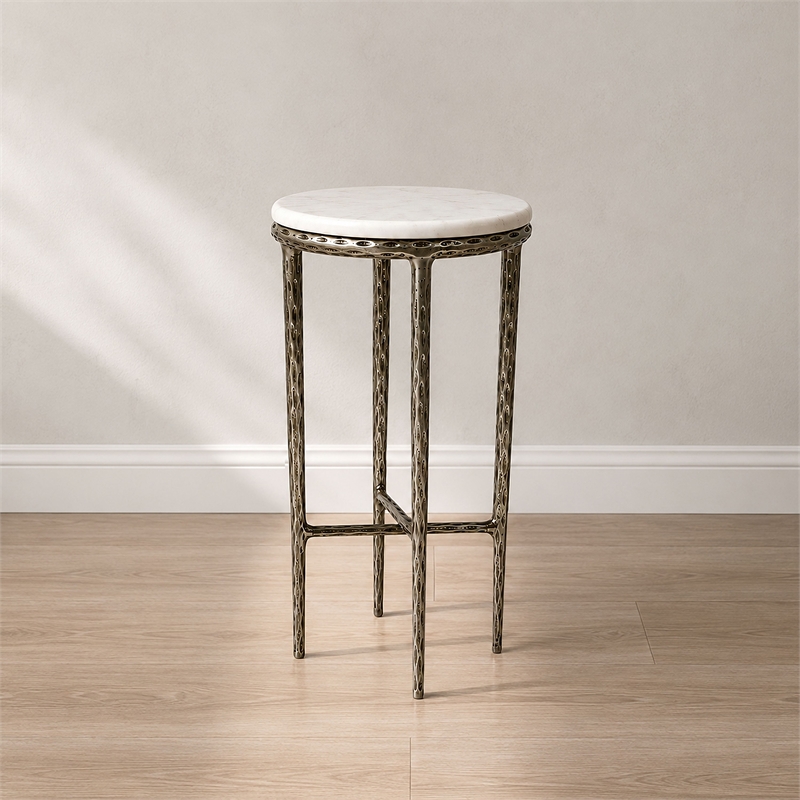 Benzara Accent Side End Table with White Marble Round Top in Nickel Finish