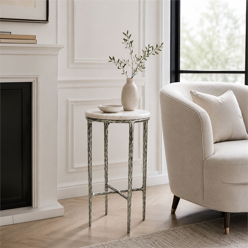 Benzara Accent Side End Table with White Marble Round Top in Nickel Finish