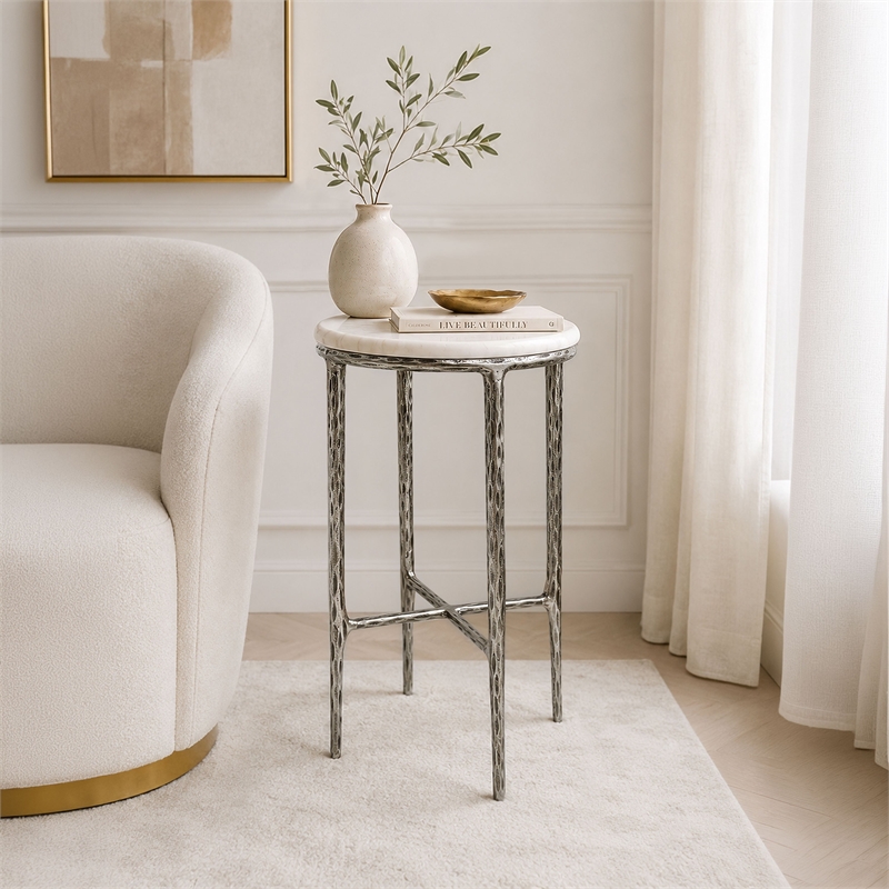 Benzara Accent Side End Table with White Marble Round Top in Nickel Finish