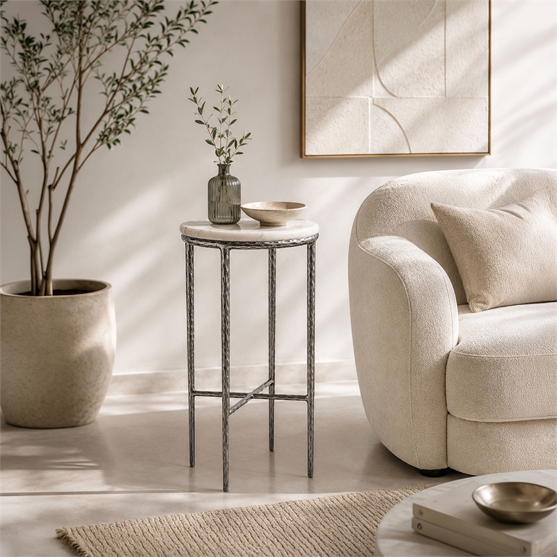 Benzara Accent Side End Table with White Marble Round Top in Nickel Finish