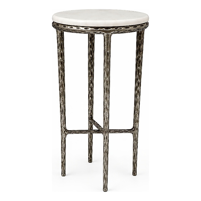 Benzara Accent Side End Table with White Marble Round Top in Nickel Finish