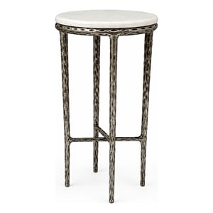 Benzara Accent Side End Table with White Marble Round Top in Nickel Finish