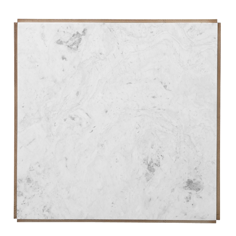38 Inch Square Coffee Table-Natural White Marble Top- Solid Mango Wood Base-Sandblasted Light Brown