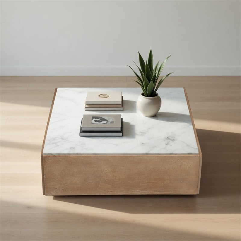 38 Inch Square Coffee Table-Natural White Marble Top- Solid Mango Wood Base-Sandblasted Light Brown