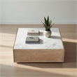 38 Inch Square Coffee Table-Natural White Marble Top- Solid Mango Wood Base-Sandblasted Light Brown