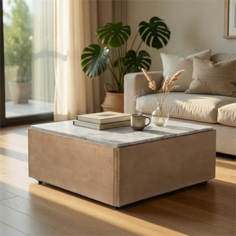 38 Inch Square Coffee Table-Natural White Marble Top- Solid Mango Wood Base-Sandblasted Light Brown
