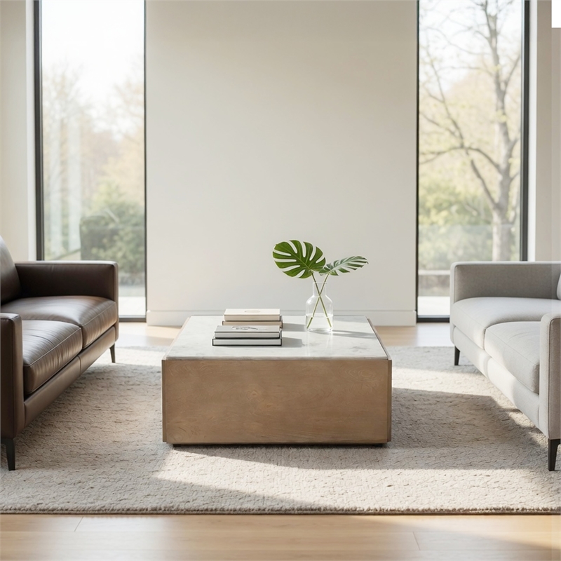 38 Inch Square Coffee Table-Natural White Marble Top- Solid Mango Wood Base-Sandblasted Light Brown
