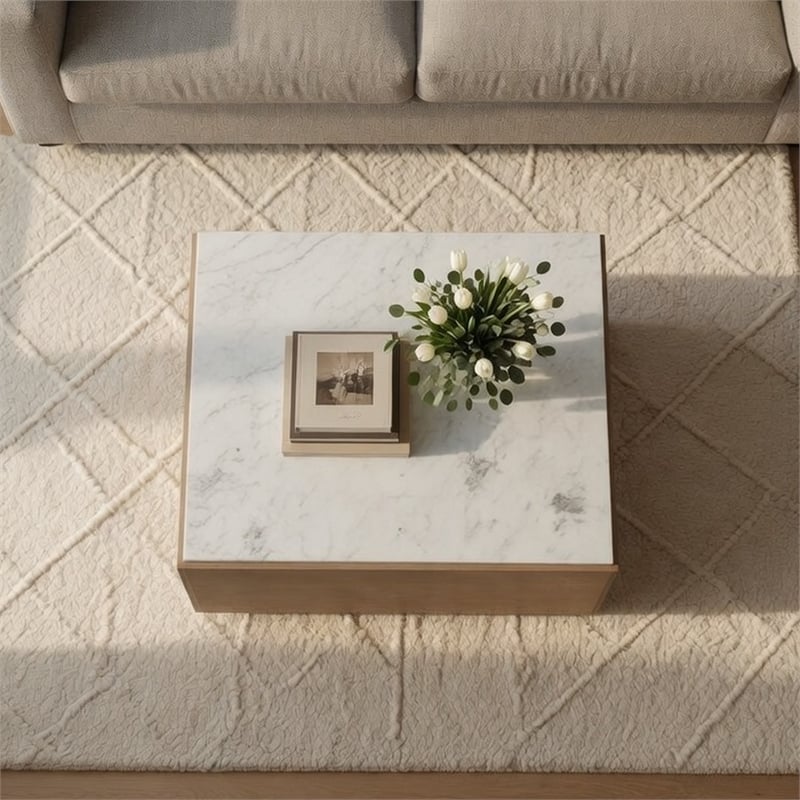 38 Inch Square Coffee Table-Natural White Marble Top- Solid Mango Wood Base-Sandblasted Light Brown