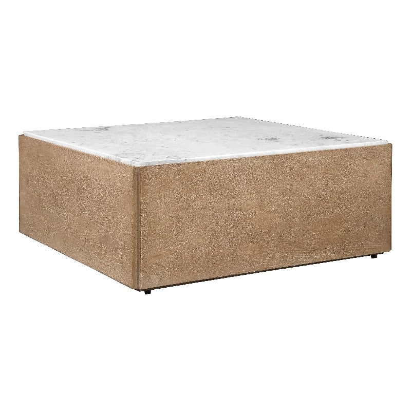 38 Inch Square Coffee Table-Natural White Marble Top- Solid Mango Wood Base-Sandblasted Light Brown