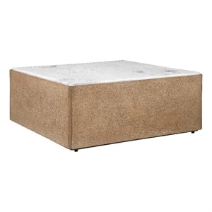 Benzara 38&quot Square Coffee Table with Marble Top and Wood Base in Brown