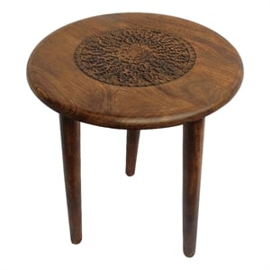 Benzara 22&quot Round Side End Table Indian Mandala Floral Carving in Brown