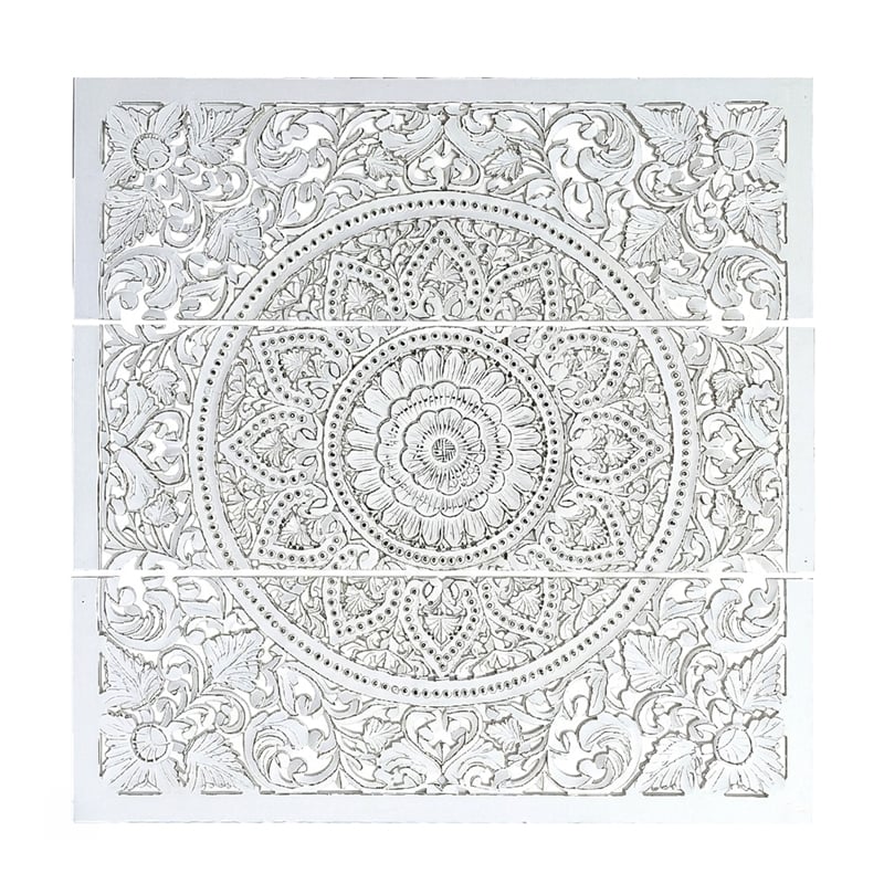 Benzara Josa Mandala Floral Wood Panel in Antique White Finish (3 Piece)