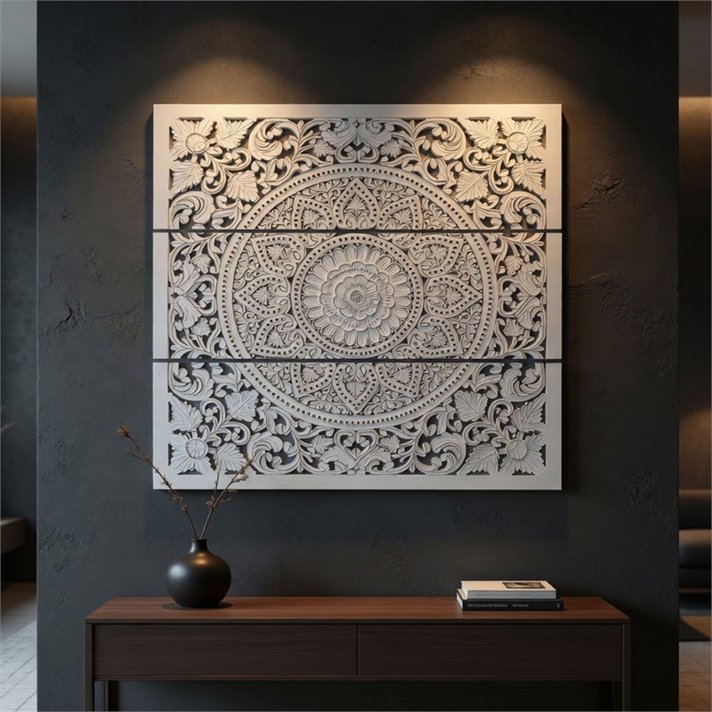Benzara Josa Mandala Floral Wood Panel in Antique White Finish (3 Piece)