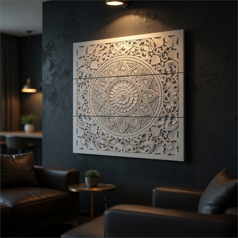 Benzara Josa Mandala Floral Wood Panel in Antique White Finish (3 Piece)