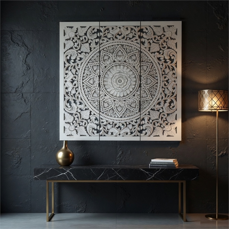 Benzara Josa Mandala Floral Wood Panel in Antique White Finish (3 Piece)