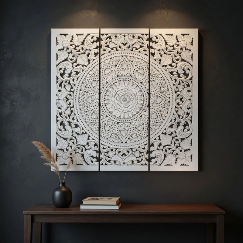 Benzara Josa Mandala Floral Wood Panel in Antique White Finish (3 Piece)