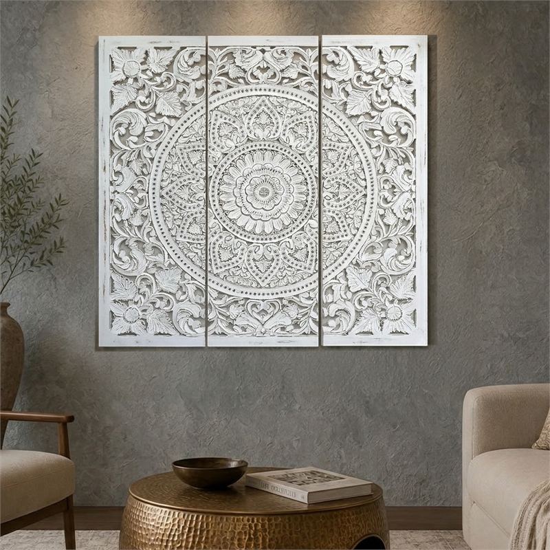 Benzara Josa Mandala Floral Wood Panel in Antique White Finish (3 Piece)