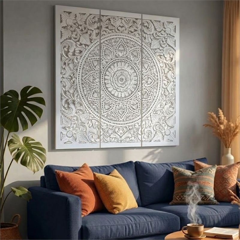Benzara Josa Mandala Floral Wood Panel in Antique White Finish (3 Piece)