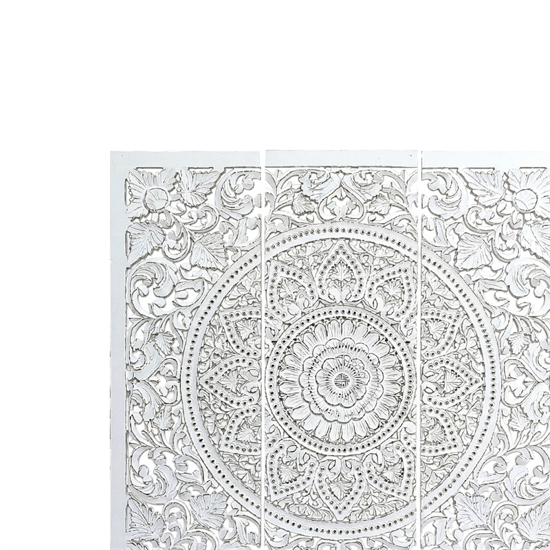 Benzara Josa Mandala Floral Wood Panel in Antique White Finish (3 Piece)