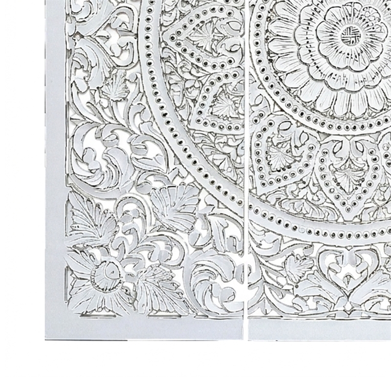 Benzara Josa Mandala Floral Wood Panel in Antique White Finish (3 Piece)