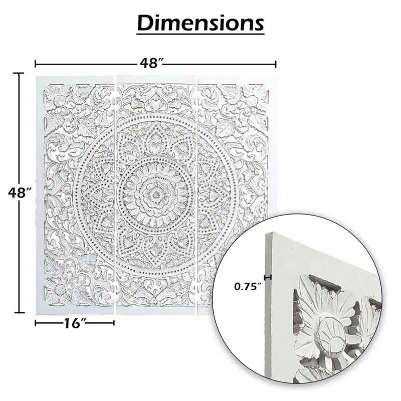 Benzara Josa Mandala Floral Wood Panel in Antique White Finish (3 Piece)