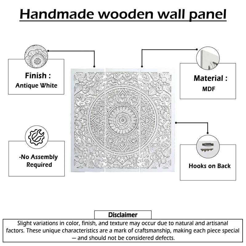 Benzara Josa Mandala Floral Wood Panel in Antique White Finish (3 Piece)