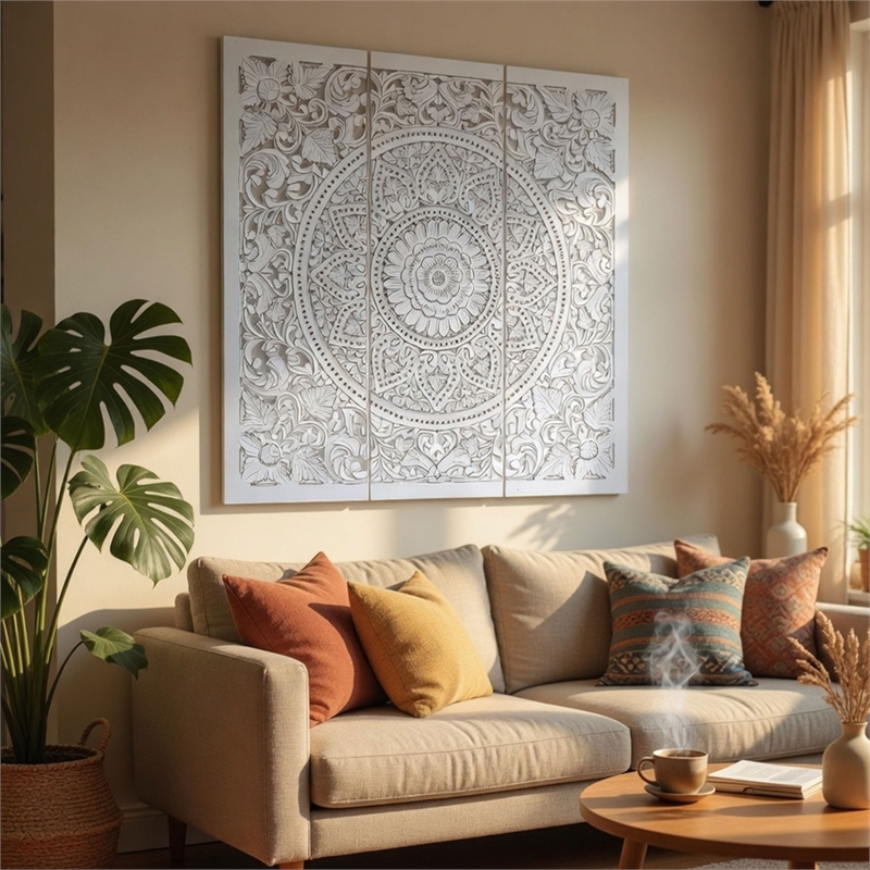 Benzara Josa Mandala Floral Wood Panel in Antique White Finish (3 Piece)