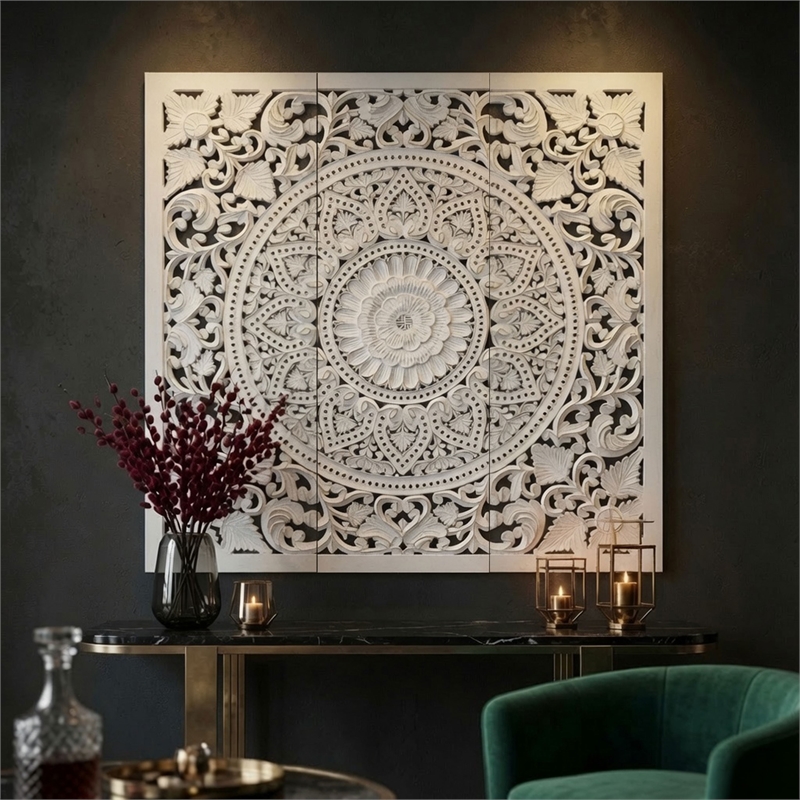 Benzara Josa Mandala Floral Wood Panel in Antique White Finish (3 Piece)