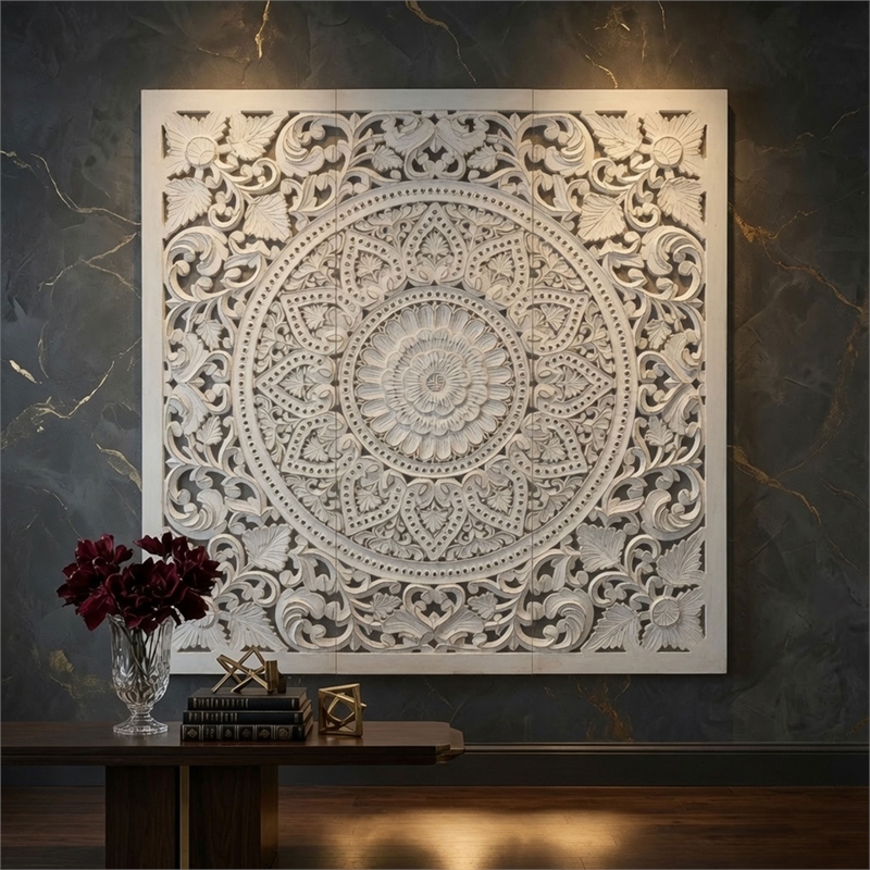 Benzara Josa Mandala Floral Wood Panel in Antique White Finish (3 Piece)