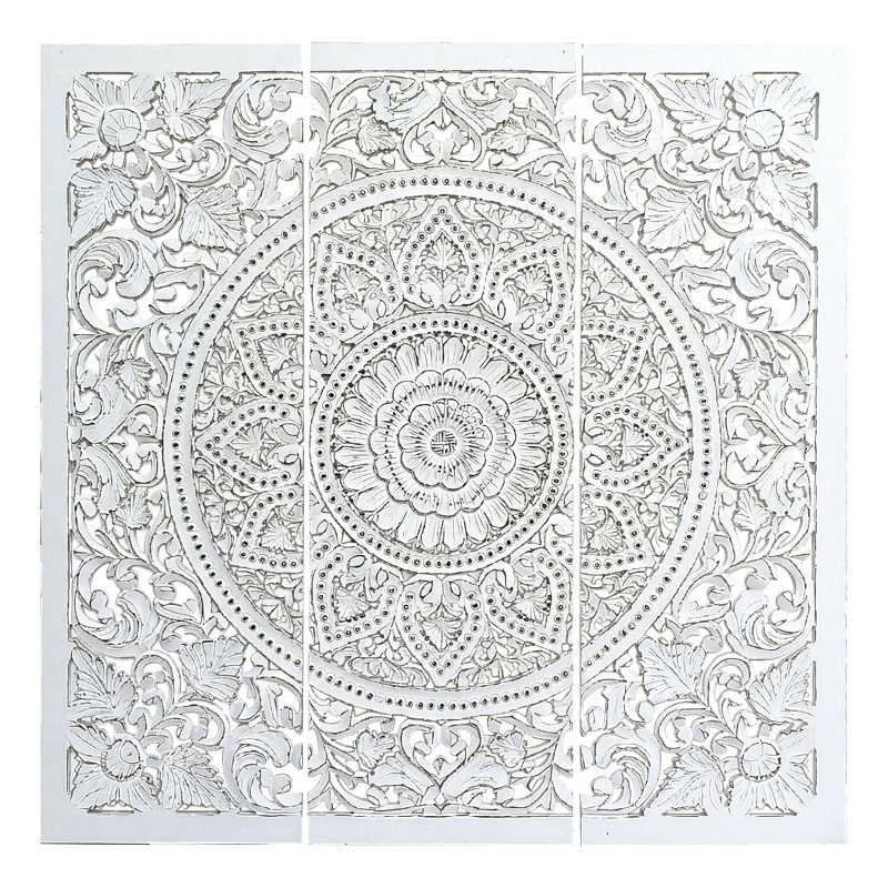 Benzara Josa Mandala Floral Wood Panel in Antique White Finish (3 Piece)