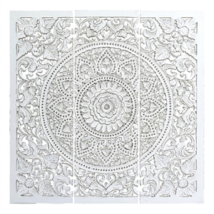 Benzara Josa Mandala Floral Wood Panel in Antique White Finish (3 Piece)