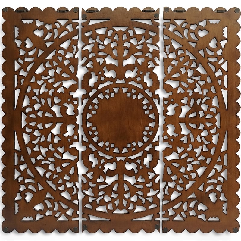 Benzara Josa Mandala Floral Carving Wood Panel in Brown Finish (3 Piece)