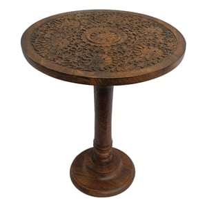 Benzara 22&quot Round Side End Table with Hand Carved Mandala Boho in Brown