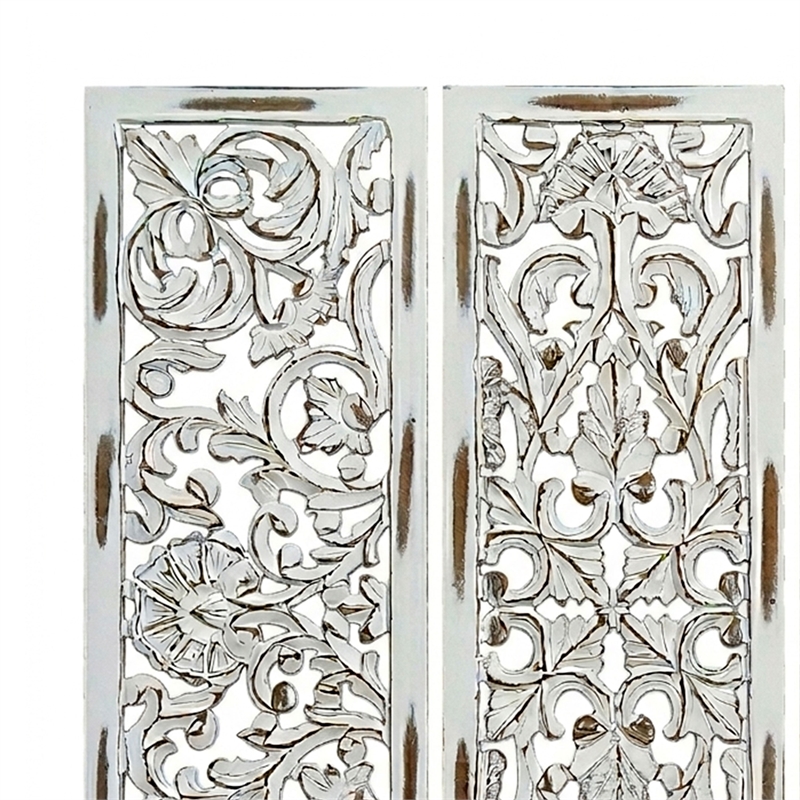 Benzara Moroccan Floral Wall Wood Decor in Antique White Finish (3 Piece)