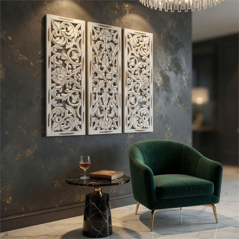 Benzara Moroccan Floral Wall Wood Decor in Antique White Finish (3 Piece)