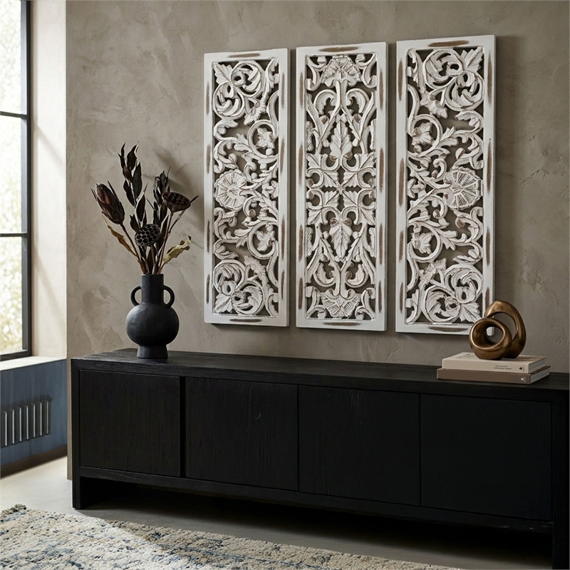 Benzara Moroccan Floral Wall Wood Decor in Antique White Finish (3 Piece)