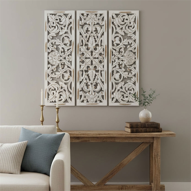Benzara Moroccan Floral Wall Wood Decor in Antique White Finish (3 Piece)