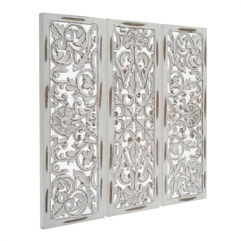 Benzara Moroccan Floral Wall Wood Decor in Antique White Finish (3 Piece)