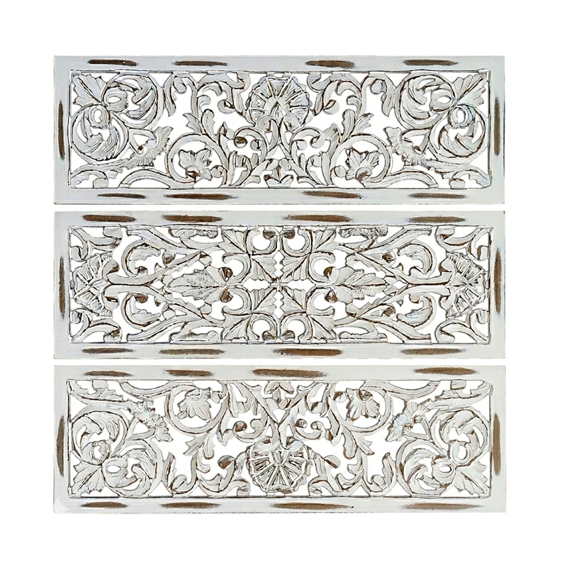Benzara Moroccan Floral Wall Wood Decor in Antique White Finish (3 Piece)