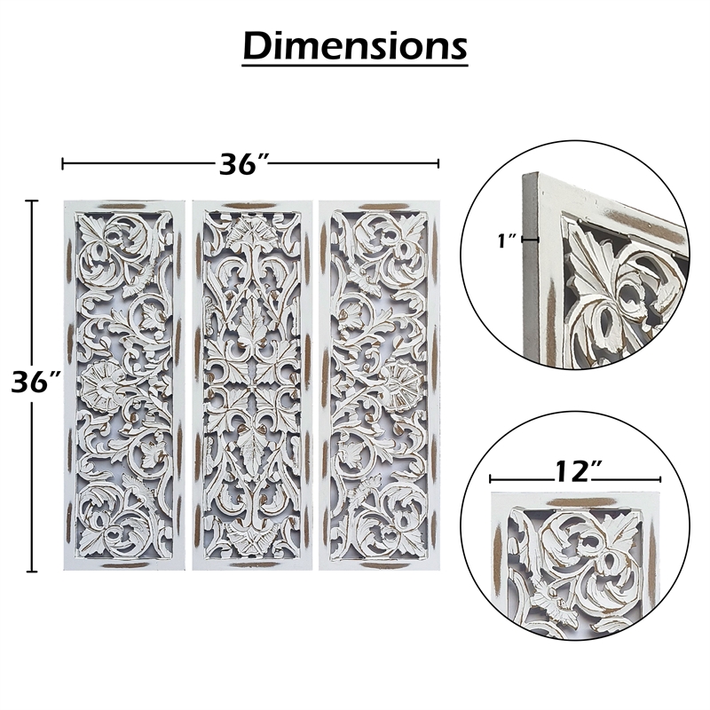 Benzara Moroccan Floral Wall Wood Decor in Antique White Finish (3 Piece)
