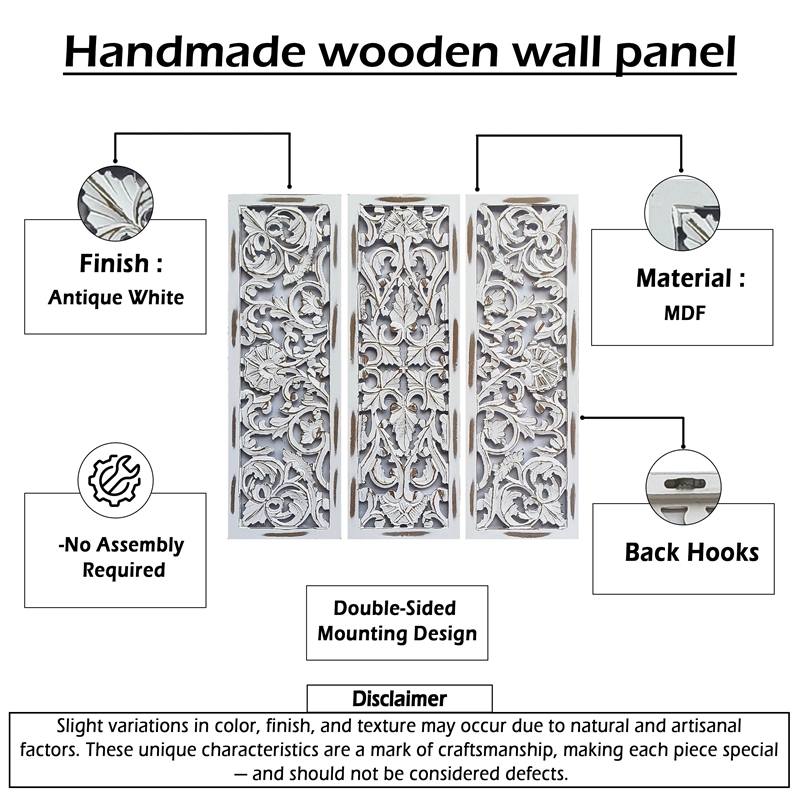 Benzara Moroccan Floral Wall Wood Decor in Antique White Finish (3 Piece)
