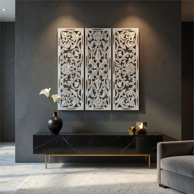 Benzara Moroccan Floral Wall Wood Decor in Antique White Finish (3 Piece)
